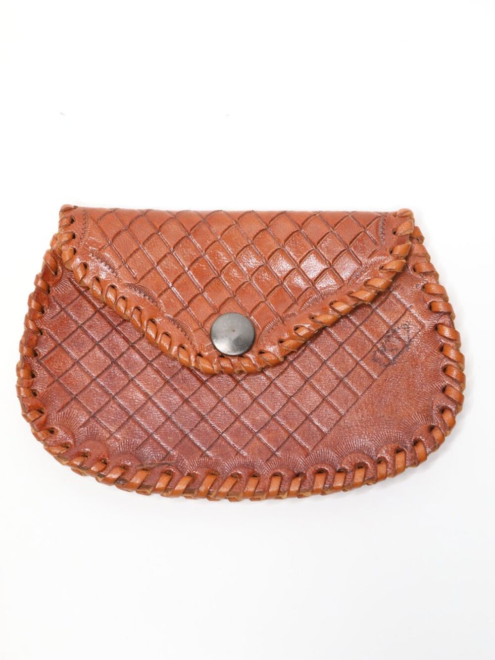 Vintage Small Brown Leather Coin Purse Wallet Snap Button Change Pouch Stitched